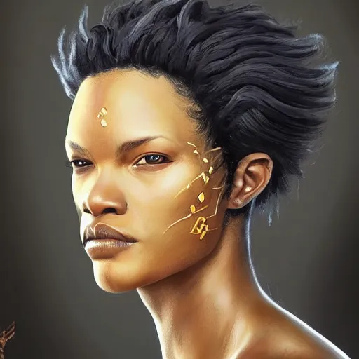 Image similar to beautiful, very strong, african american, female, middle aged, face, no makeup, no tattoos, warrior, battle hardened, head shot, fantasy, highly detailed, digital painting, artstation, concept art, smooth, sharp focus, illustration, art by jodie muir and brom