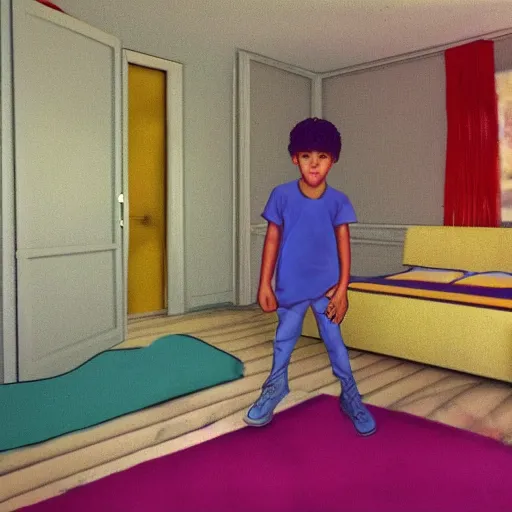 Prompt: liminal picture of a 90's bedroom, a boy is seen playing from behind on his PS1, dream-like, low saturation