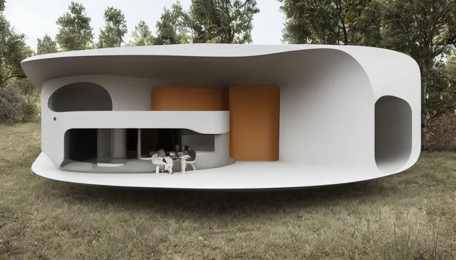 Image similar to A wide image of a full innovative contemporary 3D printed prefab cabin with rounded corners, beveled edges, made of cement, organic architecture, Designed by Gucci, Balenciaga, and Wes Anderson