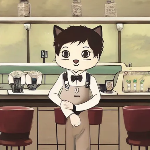 Prompt: a highly detailed portait of a cute little anthropomorphic cat barista wearing a suit in a modern coffee shop by studio ghibli, tiny, small, cute and adorable, pretty, beautiful, character art portrait, matte painting, Artstation
