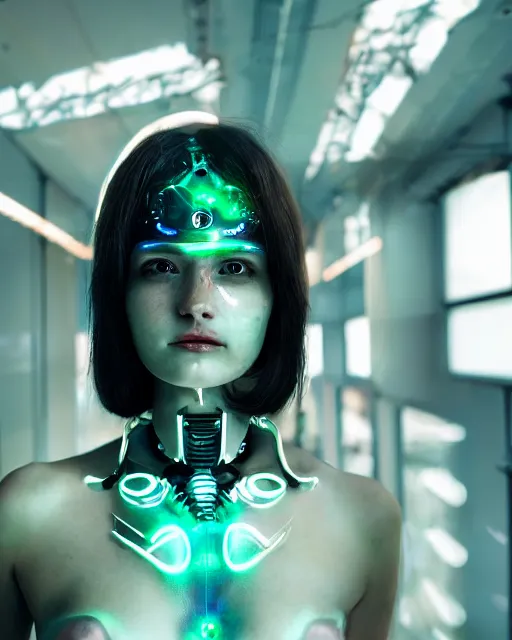 Image similar to portrait photo of dreamy female as a solarpunk cyborg with fluorescent lamps over face, robotic body parts around neck, real human face with skin, ultra - realistic and detailed, long exposure, soft focus hdr 8 k