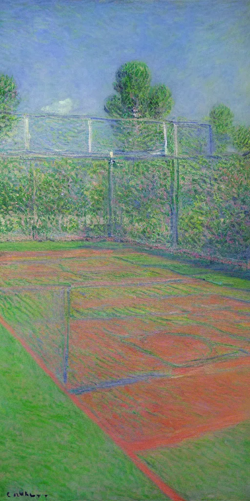 Image similar to tennis court, art by claude monet, impressionism, oil painting, bright colors, advertising painting