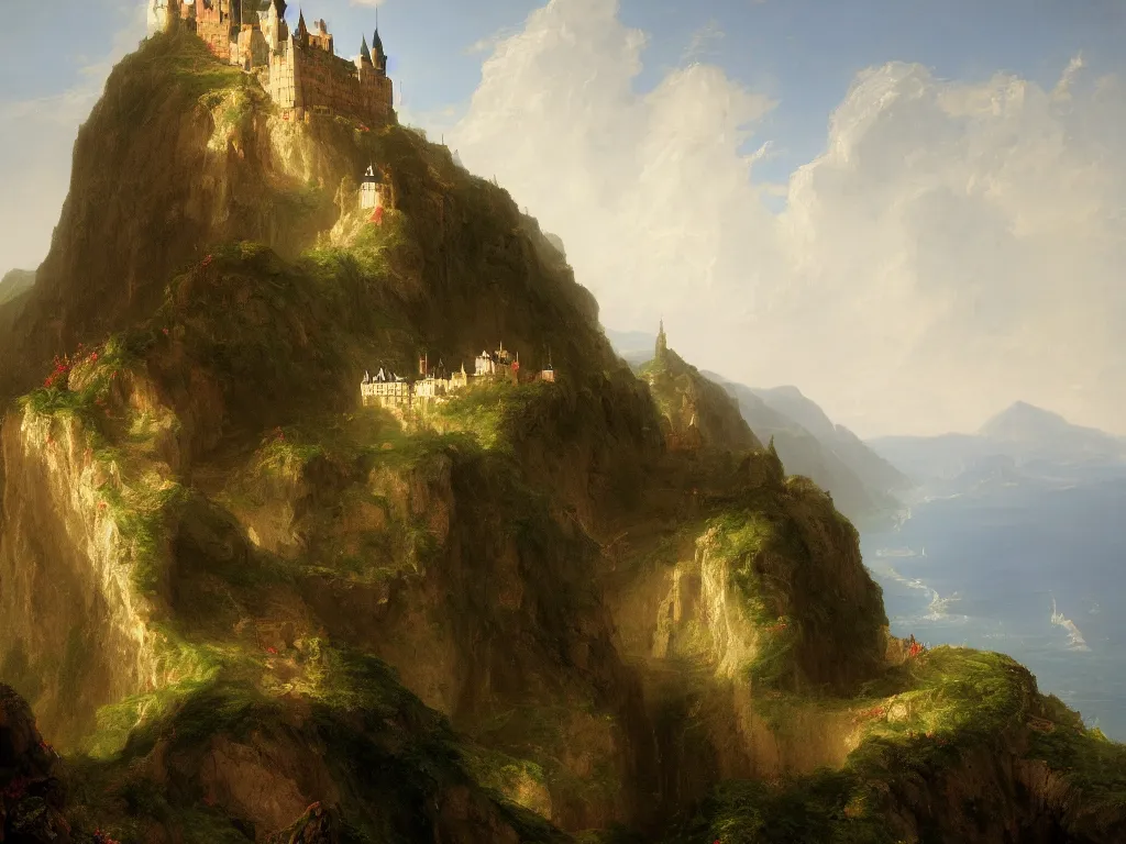 Image similar to a german castle on the cliff, by thomas cole, trending on artstation