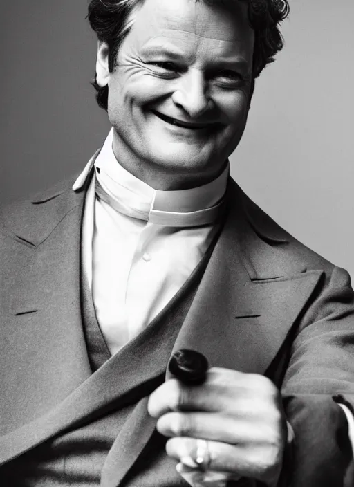 Image similar to colin firth as a victorian politician, smiling, male, victorian, detailed face, highly detailed, cinematic lighting, photograph by elliott & fry