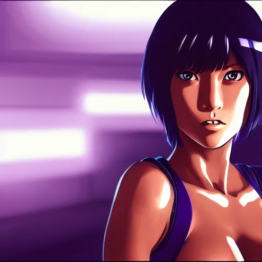 Prompt: Motoko Kusanagi staring at the camera, trending on ArtStation, neon lights, realistic, detailed