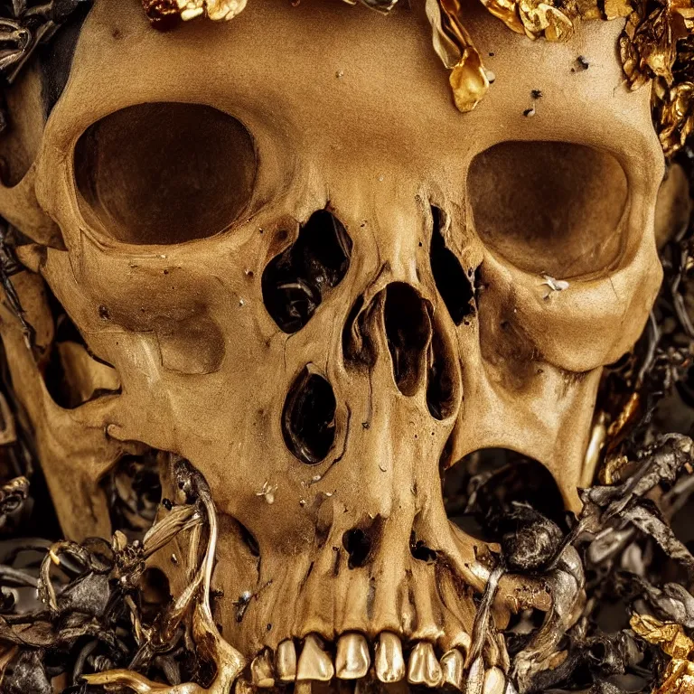 Prompt: A beautiful oil painting hyperrealism of a decayed black skeleton head, rotting black clay skin, bones, close up, gold flowers, gold floral headdress, 8k resolution, octane render