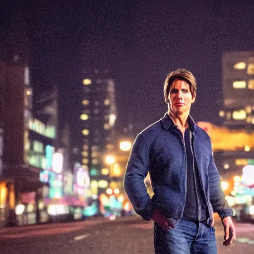 Image similar to a still of Tom Cruise. Shallow depth of field. City at night in background, lights, colors ,studio lighting, mood, 4K. Profession photography