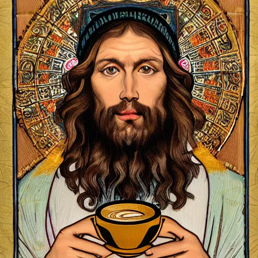 Prompt: an extremely detailed illuminated manuscript of a ridiculously good looking hipster jesus that looks stoned and drinking espresso from a tiny teacup, ultrawide lens, wearing a jean jacket with a nirvana jacket and a beenie, carrying a skateboard shaped like a crucifix, waxed beard, very detailed, beautiful, intricate, art by rembrandt and alphonse mucha, octane render