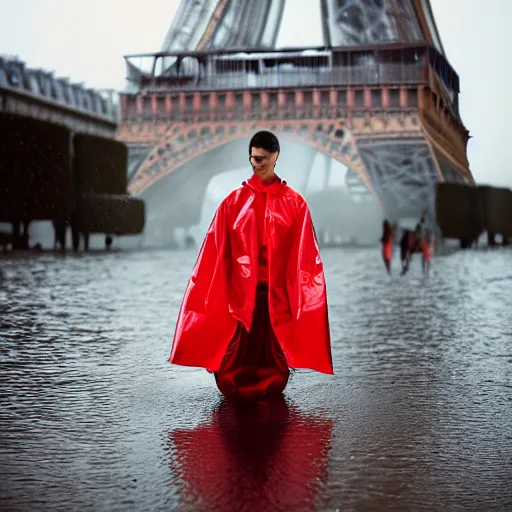 Prompt: Heavy rain during Paris fashion nighttime lookbook portrait photoshoot of asymmetrical unusual model standing waist high in heavy floods, submerged to waste, wearing a translucent red refracting rainbow diffusion wet plastic zaha hadid designed pecular highlights raincoat by Nabbteeri, ultra realistic, Kodak , agfa film, 4K, 35mm lens, extreme closeup portrait, underwater frog perspective, chiaroscuro by Nabbteeri, photorealistic, trending on instagram!