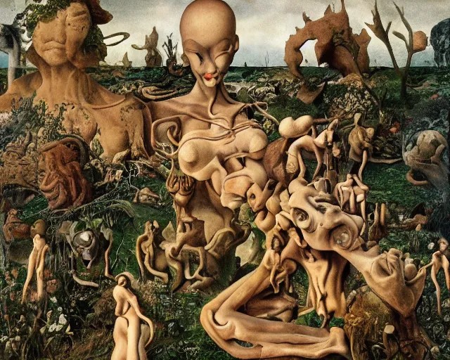 Image similar to a surreal landscape inhabited strange figures in the background that get larger in the forgeound by hans bellmer, salvador dali, rachel ruysch