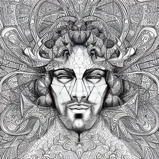 Image similar to Geometrically surreal Jesus, extremely high detail, photorealistic, intricate line drawings, dotart, album art in the style of James Jean