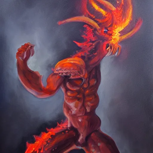 Image similar to fire demon eat human, oil painting