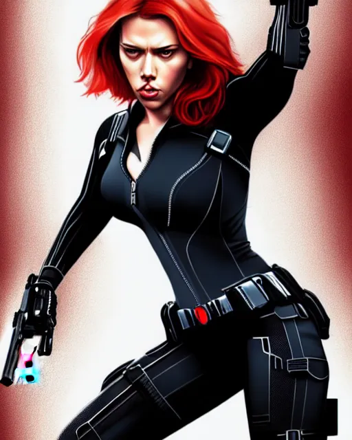 Image similar to Scarlett Johansson Black Widow, full body action pose, highly detailed, digital painting, artstation, concept art, smooth, sharp focus, illustration