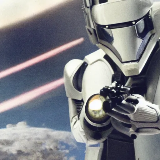 Image similar to movie photograph of an old man who is a veteran of many futuristic wars with short gray hair and blue eyes. he is wearing a white futuristic suit of heavy combat armor and holding a blaster in one hand and a plaster plasma - proof shield in the other. riding a white armored motorcycle charging into enemy lines while firing plasma bolts. futuristic battle.
