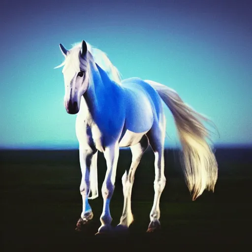 Image similar to photo of white arabic horse, blue soft background with sun set