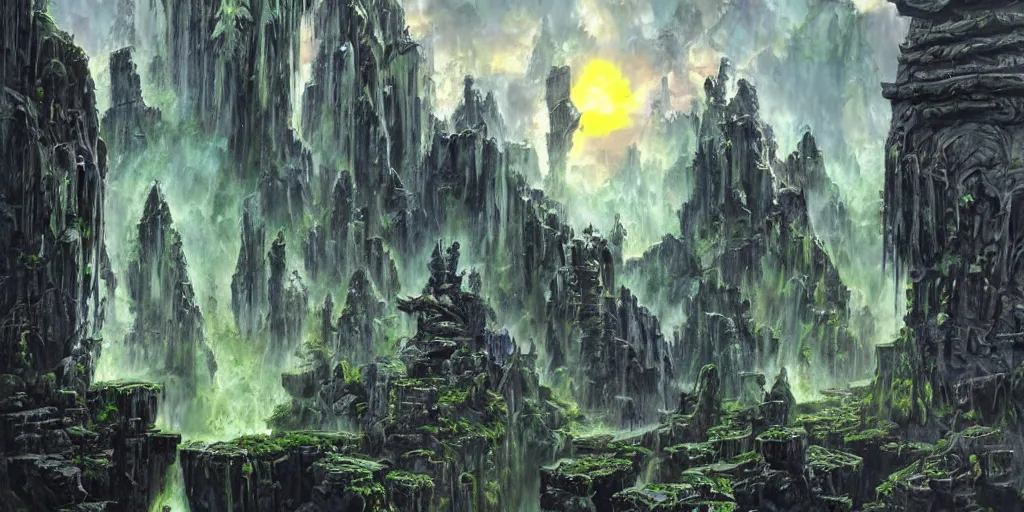 Prompt: side tower on dark evil malachite stronghold, brutal architecture with black waterfall, towering under outer world swamp, art by Dmitry Dubinsky, masterpiece, sun on zenith