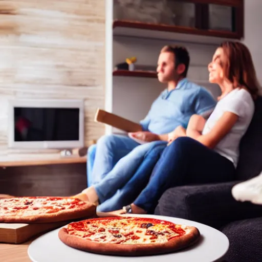 Prompt: a woman watching TV while a man Is eating a pizza
