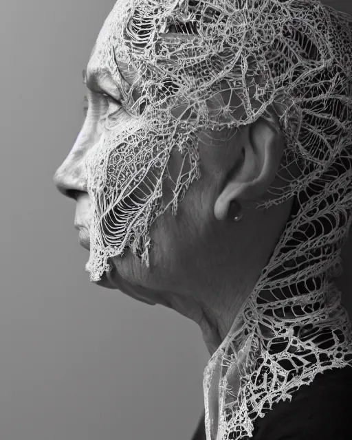 Prompt: a 5 0 year old woman's face in profile, made of intricate decorative lace leaf skeleton, in the style of the dutch masters and gregory crewdson, dark and moody, depth of field