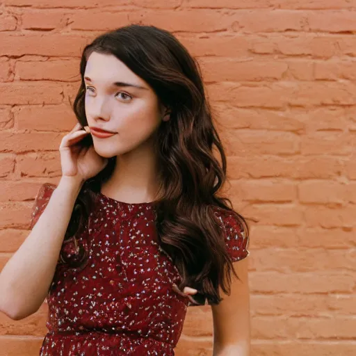 Image similar to a photo of a beautiful brown hair woman in a sun dress in a studio, an industrial studio with large windows and red brick walls, 85mm lens, Kodak Portra 400 film, trending on Instagram