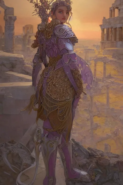 Image similar to portrait knights of Zodiac girl, metalic pink and pale violet reflected armor, in ruined Agora of Athens sunrise, ssci-fi, fantasy, intricate, very very beautiful, elegant, golden light, highly detailed, digital painting, artstation, concept art, smooth, sharp focus, illustration, art by tian zi and WLOP and alphonse mucha