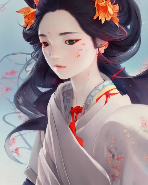 Prompt: A beautiful anime digital painting of a woman with fox ears and nine tails wearing a kimono, by Stanley Artgerm Lau, WLOP, Rossdraws, James Jean, Andrei Riabovitchev, Marc Simonetti, and Sakimichan, trending on artstation