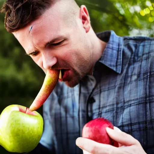 Prompt: Man eating a grenade like an apple