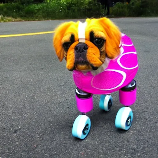 Prompt: “dog wearing brightly colored rolling skates”