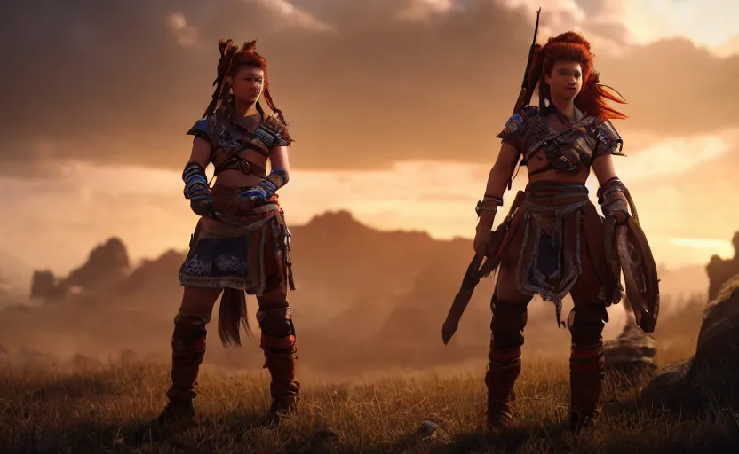 Prompt: unreal engine 5 render of aloy!, beautiful woman, space marine!, standing atop rise, sunset lighting, war silhouette in background hyper realism, realistic shading, cinematic composition, blender render, octane render, hdr, detailed textures, photorealistic, ultrawide shot, 1 6 mm lens