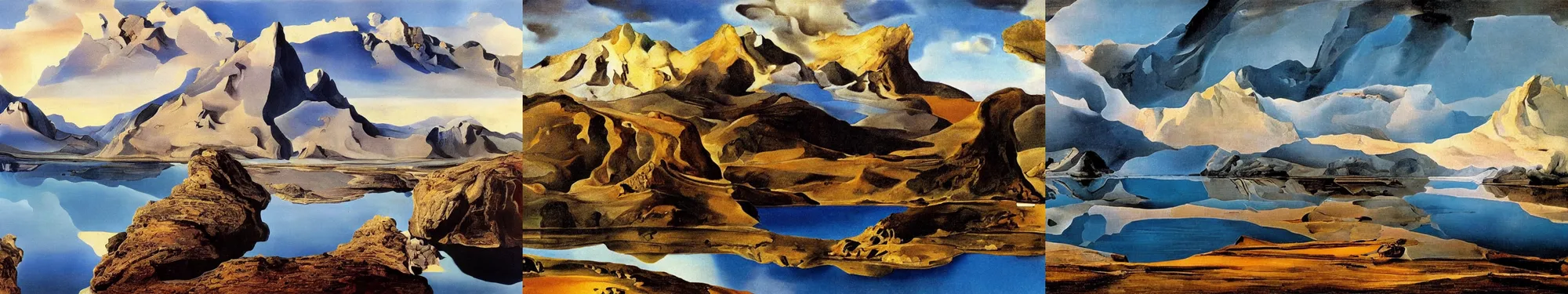 Prompt: lakeside mountains, by salvador dali