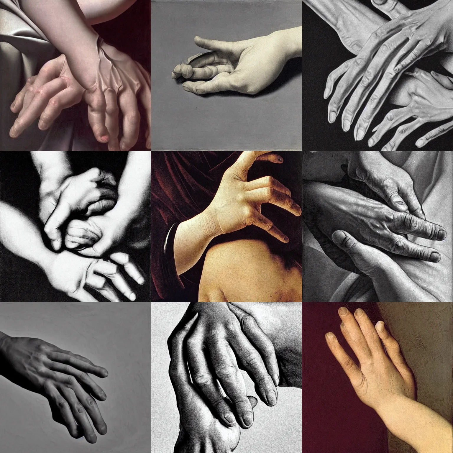 Prompt: extremely detailed and anatomically accurate photograph by roger deakins caravaggio vermeer of a woman's hands, folded. designed to help art students learn how to depict human hands correctly