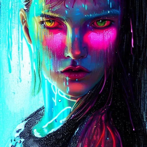 Image similar to portrait of a girl in the glowing neon rain with wet hair and face, fantasy, intricate, elegant, dramatic lighting, emotionally evoking symbolic metaphor, highly detailed, lifelike, photorealistic, digital painting, artstation, concept art, smooth, sharp focus, illustration, art by John Collier and Albert Aublet and Krenz Cushart and Artem Demura and Alphonse Mucha