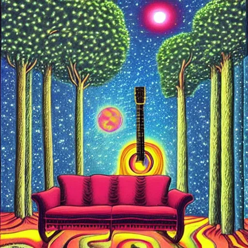 Prompt: psychedelic trippy couch pine forest, planets, milky way, sofa, guitar, cartoon by rob gonsalves