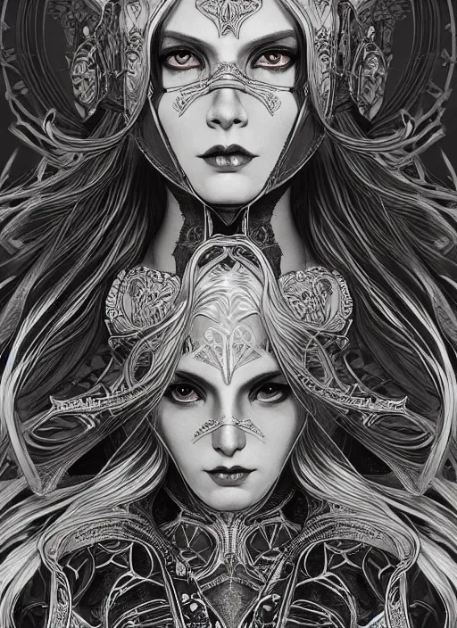 Image similar to symmetrical centered portrait, dark witch in front of the full big moon, blonde hair, intricate metal armour, Art Nouveau, beautiful retro Fantasy heroine 1985, intricate, elegant, highly detailed, centered, digital painting, trending on artstation, concept art, smooth, sharp focus, illustration, art by raphael lacoste, eddie mendoza, Mucha, alex ross, WLOP