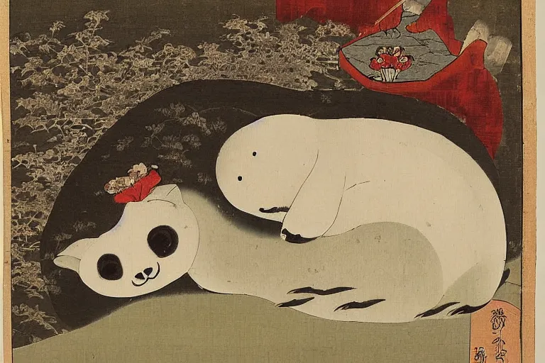 Image similar to demonic baby harp seal, Japanese painting, 1700s