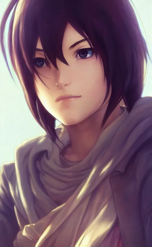 Image similar to mikasa ackerman, hero pose, medium shot, bokeh, beautiful face!!!!, 2 7 years old, cg animation, lifelike, animated, realistic, character select portrait, by artgerm, greg rutkowski, alphonse mucha, 3 d