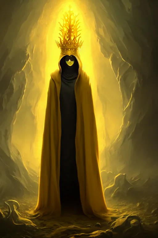 Image similar to A full body portrait of a mysterious character with no face with a very long hooded yellow cloak, a golden crown floating above his head tentacles coming out the ground art by James Paick, and Shaddy Safadi, ominous, cosmic horror, trending on artstation, Ultra detailed, hyper realistic 4k