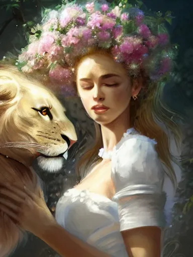 Prompt: a woman, wearing a cute white dress adorned with flowers, dominating a ferocious lion. intricate, elegant, highly detailed, digital painting, artstation, concept art, sharp focus, illustration, by justin gerard and artgerm, 8 k