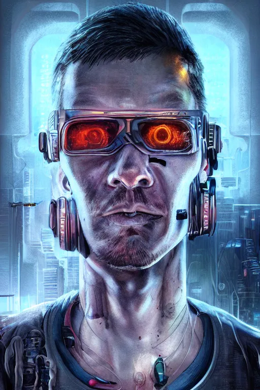 Image similar to illustration of an male cyberpunk character wearing bionic implants, criminal mugshot, gritty, gritty, highly detailed, oil on canvas, soft lighting, neon pastel colors, by WLOP and Greg Staples, HD, 4K