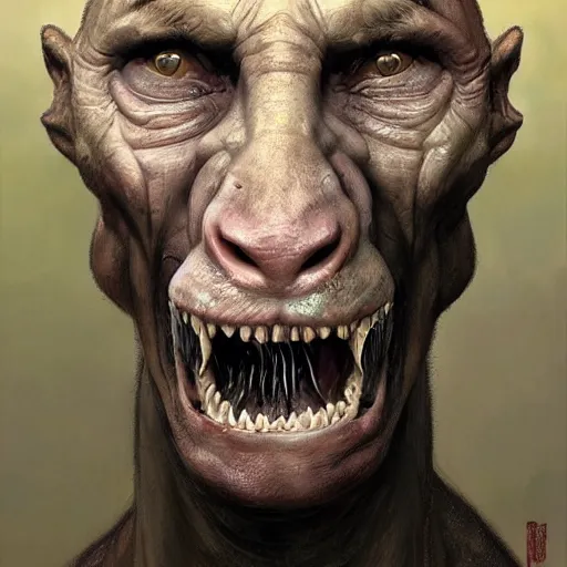 Prompt: vladimir putin, anthropomorphic bald prehistoric reptile, putin, toothless, horror, macabre by donato giancola and greg rutkowski and wayne barlow and zdzisław beksinski, realistic face, digital art