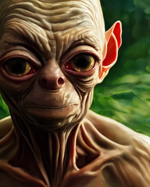 Image similar to A high-quality portrait of Gollum, oil on canvas, trending on artstation, bokeh, 90mm, f/1.4