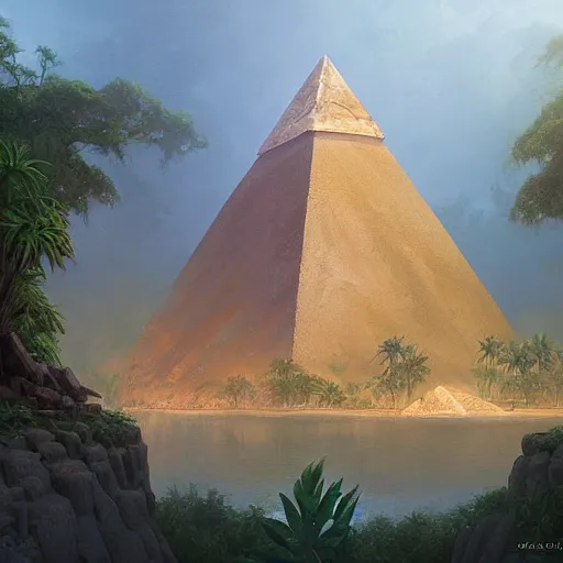 Prompt: digital painting a painting of a pyramid in the middle of a jungle, a detailed matte painting by christophe vacher, cgsociety contest winner, fantasy art, matte painting, matte drawing, concept art