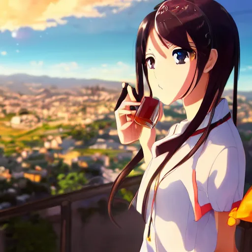 Image similar to closeup of an Anime girl with an transparent Aguardiente Cristal Sin Azucar bottle in her hand with the city of Armenia Quindio in the background, Artwork by Makoto Shinkai, official media, 8k, pixiv, high definition, wallpaper, hd, digital artwork