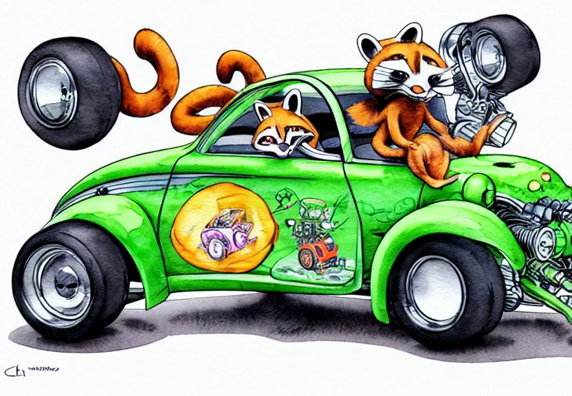 Image similar to cute and funny, racoon riding in a tiny hot rod coupe with oversized engine, ratfink style by ed roth, centered award winning watercolor pen illustration, isometric illustration by chihiro iwasaki, edited by range murata