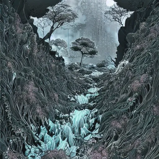 Image similar to gorgeous landscape ethereality dreamscape fractalizing melting into oblivion inferno flames flowering bloom blossom of insanity death and putrid turgid organic matter of darkness void abyss nothing by dzo olivier scott fischer godmachine victo ngai yoji shinkawa apophasis shintaro kago junji ito horror creepy haunted ghosts horror horrifying