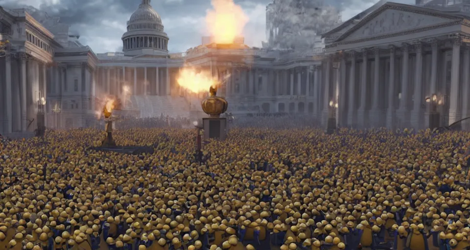 Image similar to 4K physically based octane render footage of a bunch of Minions, storming the Capitol, waving signs, carrying torches, photorealistic