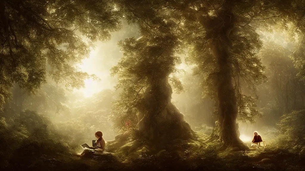 Prompt: girl reads a book in a tree, far away, in the magical forest. andreas achenbach, artgerm, mikko lagerstedt, zack snyder, tokujin yoshioka