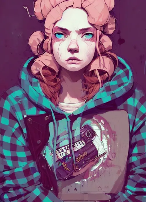 Image similar to highly detailed portrait of a sewer punk lady, blue eyes, tartan hoody, ringlet hair by atey ghailan, by greg rutkowski, by greg tocchini, by james gilleard, by joe fenton, by kaethe butcher, gradient pink, brown, light blue and white color scheme, grunge aesthetic!!! ( ( graffiti tag wall background ) )