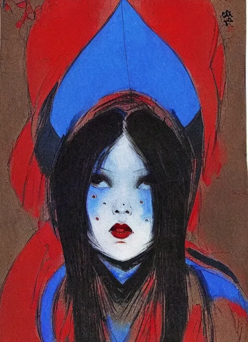 Image similar to portrait of heavyset korean vampiress, jeweled veil, blue and red, strong line, saturated color, beautiful! coherent! by frank frazetta, high contrast, minimalism