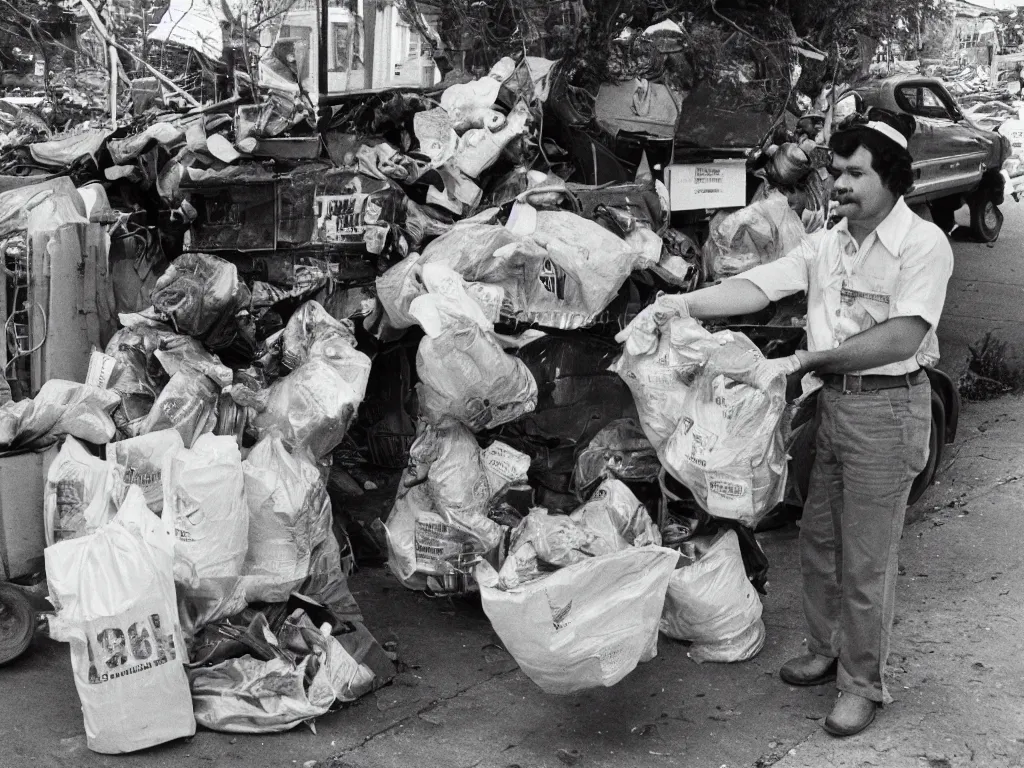 Image similar to a kind garbage collector gifting trash to people, award-winning, 1980 vintage photo, portrait, highly detailed