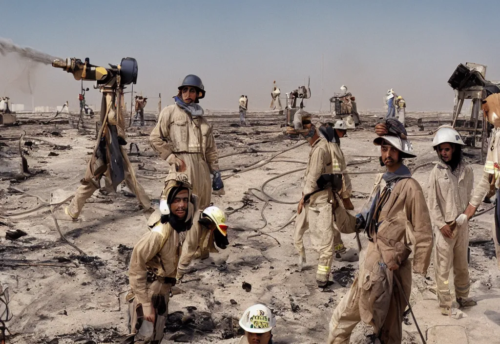 Image similar to fashion editorial in Kuwait oil fields fire. 1991. wide angle shot. highly detailed. depth of field. high definition. 8k. photography.